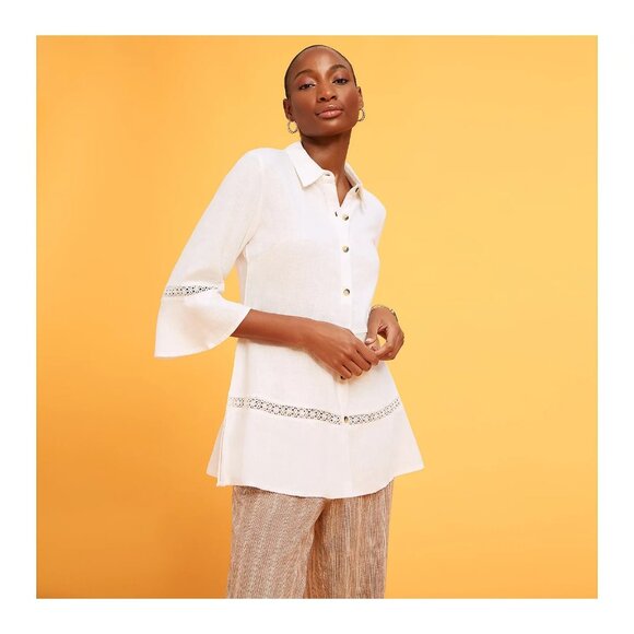 Isaac Mizrahi Live!  Linen Tunic w/ Lace Trim Bright White Medium A485809 - Picture 1 of 1